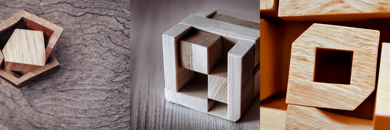 Prompt: a wooden cube on a marble surface, close up, dslr photo