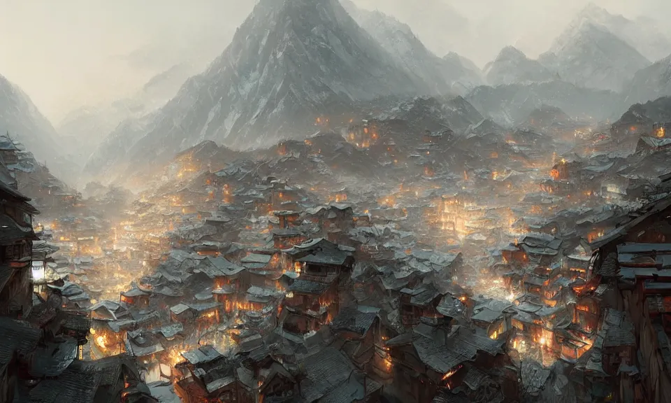 Prompt: Mountainous industrial village in Northeast China, Greg Rutkowski, National Geographic, ArtStation, Deviantart, HD screenshot