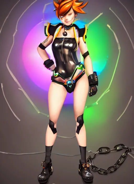 Prompt: full body digital artwork of tracer overwatch, wearing black iridescent rainbow latex bikini, 4 k, expressive happy smug expression, makeup, in style of mark arian, wearing detailed black leather collar, wearing chains, black leather harness, leather cuffs around wrists, detailed face and eyes,