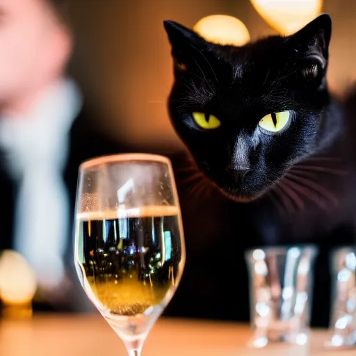 Image similar to a photo of a black cat drinking expensive champagne in a fancy dark bar, f 1. 8, iso 1 6 0 0