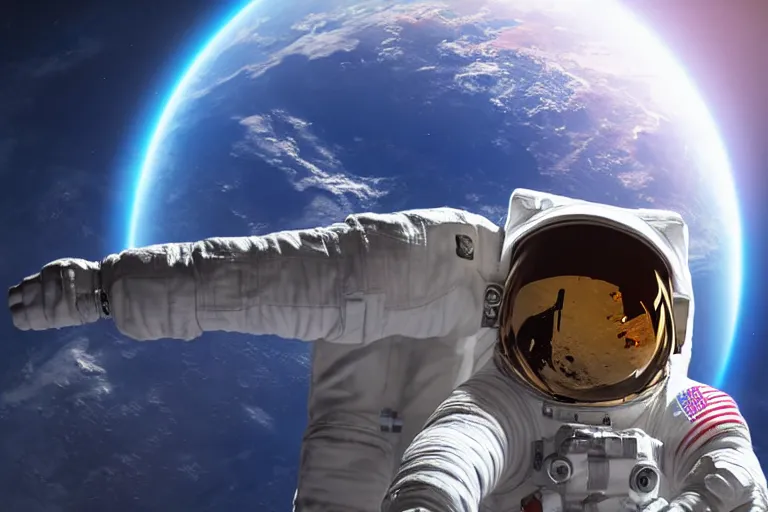 Image similar to astronaut in space wearing a spacesuit floating, earth in background, highly detailed, photorealistic, full body, bright studio setting, studio lighting, crisp quality and light reflections, unreal engine 5 quality render