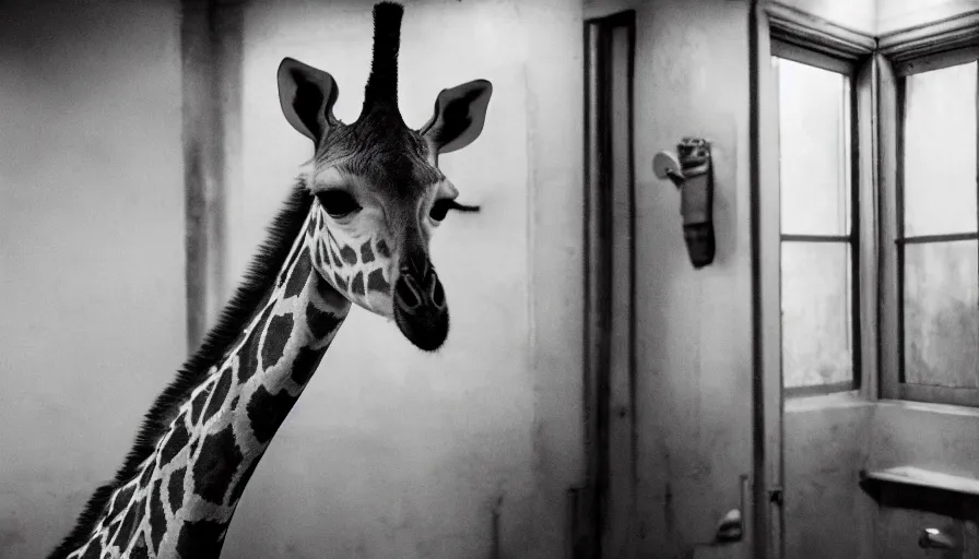 Prompt: a girafe in a stalinist style kitchen, mini dv camera found footage, very very low quality picture, heavy grain, caught on security camera, heavy jpeg artifact, night vision very blurry, caught on trail cam, 1 4 4 p, ultra wide lens