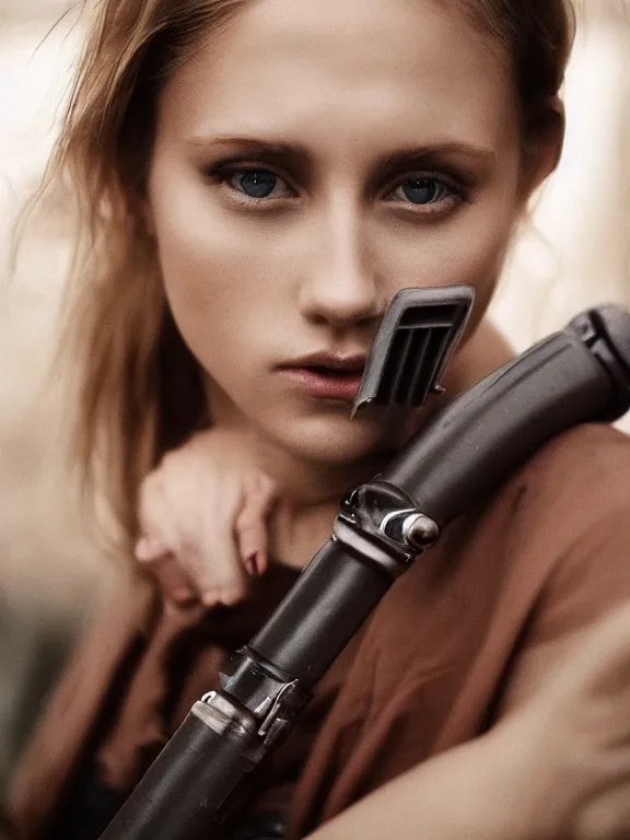 Image similar to cute model annie leonhart holding a lightsaber, beautiful face, detailed face, realistic eyes, pale skin, rule of thirds, cinematic lighting, rainy weather, melancholy atmosphere, volumetric light, realistic reflections, sharp focus, backlit, model agency, instagram photo, shot on sony a 7 iii, beauty filter, postprocessing