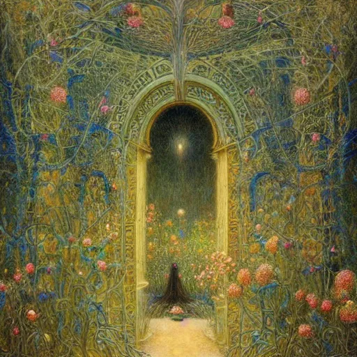 Image similar to a portal in a mysterious garden filled with spherical plants, artwork by jean delville, trending on art station