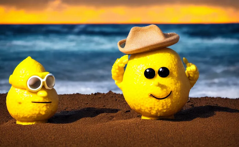 Image similar to 5 0 mm photograph, of a real anthropomorphic lemon character, with lemon skin texture, it is wearing a hat and scuba diving, building a sandcastle on the beach at sunset, beach, huge waves, sun, clouds, tropical trees, rim light, cinematic photography, professional, sand, sandcastle, volumetric lightening