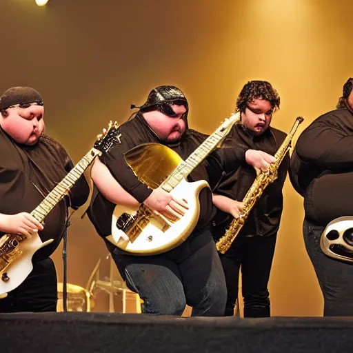 Image similar to 3 fat obese small frogs playing instruments in a band, high-definition photograph