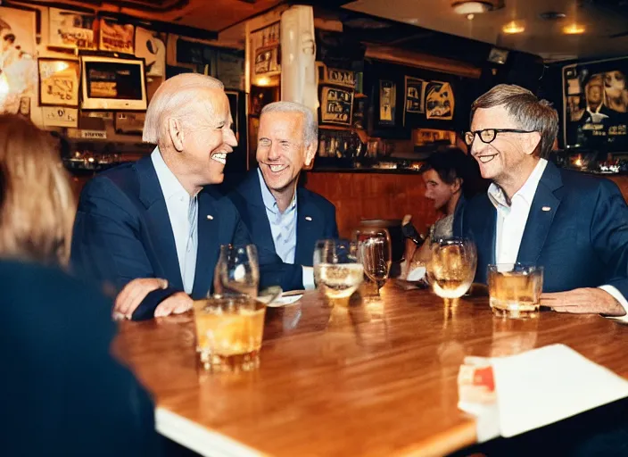 Image similar to Joe Biden and Bill gates, having dinner at a Dive bar restaurant, award winning cinematic photography, 50 mm, blurred background, trending on twitter