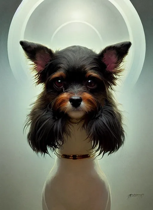 Image similar to symmetry!! portrait of a small cute dog, dnd, intricate, elegant, highly detailed, digital painting, artstation, concept art, smooth, sharp focus, illustration, art by artgerm and greg rutkowski and alphonse mucha