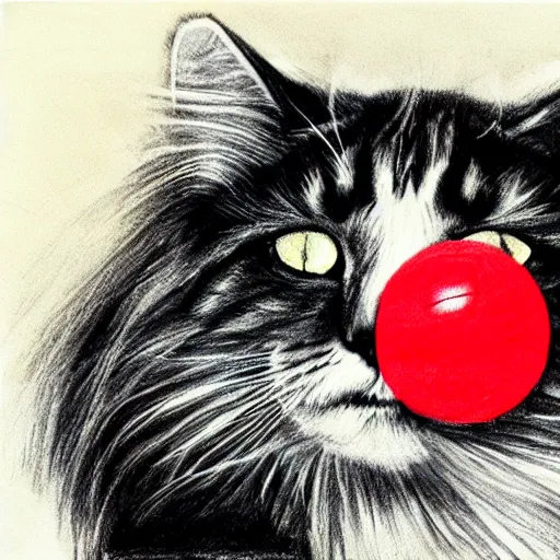 Image similar to long - haired siberian cat playing with a red yarn ball, illustration, charcoal, simon bisley
