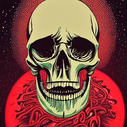 Image similar to a painting of a skull with red eyes, poster art by jeffrey smith, behance contest winner, psychedelic art, cosmic horror, anaglyph effect, darksynth