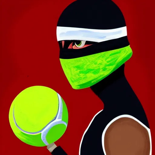 Image similar to a tennis ball monster with a tennis racquet, bust shot, balaclava, face covered, smooth, intricate, elegant, power aura, digital painting, artstation, concept art, sharp focus, illustration, art by basil gogos - h 6 4 0