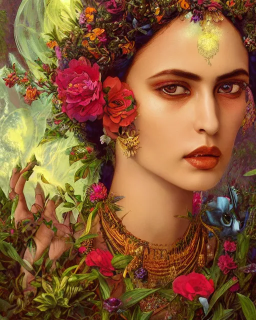 Image similar to portrait of the indian queen of the underworld, surrounded by flowers by karol bak, james jean, tom bagshaw, rococo, sharp focus, trending on artstation, cinematic lighting, hyper realism, octane render, 8 k, hyper detailed.