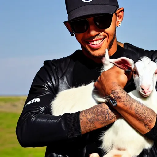 Image similar to an award winning photo of lewis hamilton holding a baby goat, 4 k