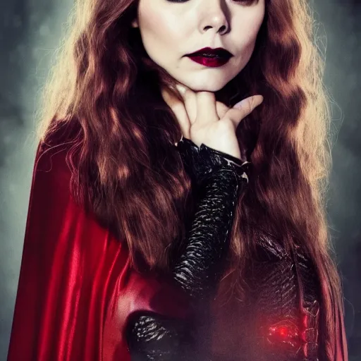 Prompt: Elizabeth Olsen as the Scarlet Witch in gothic attire and gothic makeup, trending on artstation, gloomy atmosphere, photorealistic facial features, 4k, 8k
