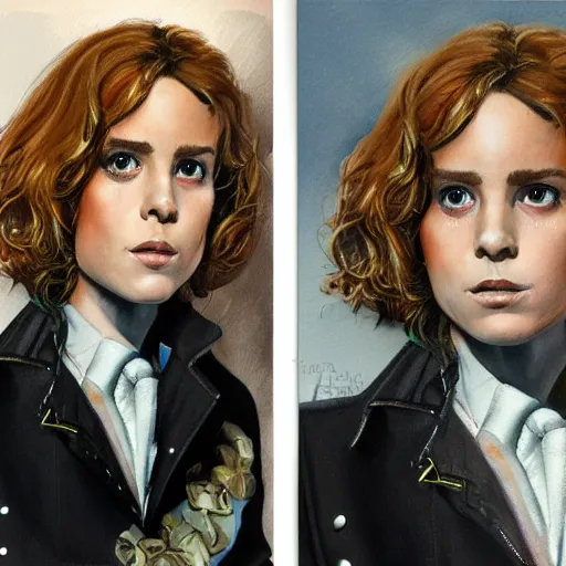 Prompt: detailed details photorealistic pictures of hermione with bachelor jacket in the style of bob peak and alex ross, gouache and wash paints color, detailed details facial and body and human and environments and proportionate, detailed 5 k details.