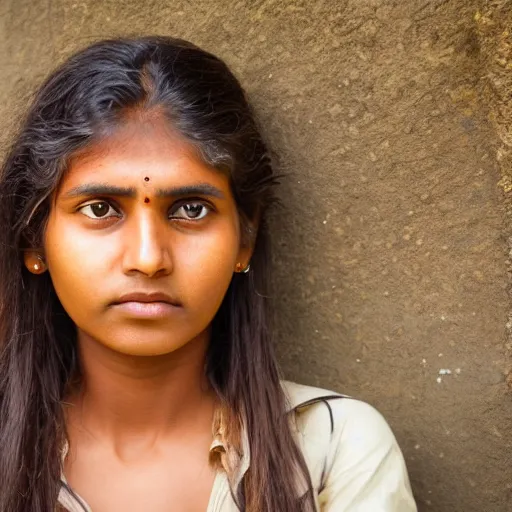 Prompt: the round shaped face of a lightly tanned, young indian woman is looking directly at the camera. She has short auburn fringed hair, small nose, full lips, dark green eyes, freckles. Portrait photography in the style of Steve Mccurry, 8K HD.