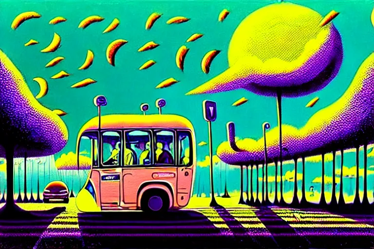 Image similar to surreal glimpse into other universe, city transportation by tesla incorporation, summer morning, very coherent and colorful high contrast, art by!!!! gediminas pranckevicius!!!!, geof darrow, floralpunk screen printing woodblock, dark shadows, hard lighting, stipple brush technique,