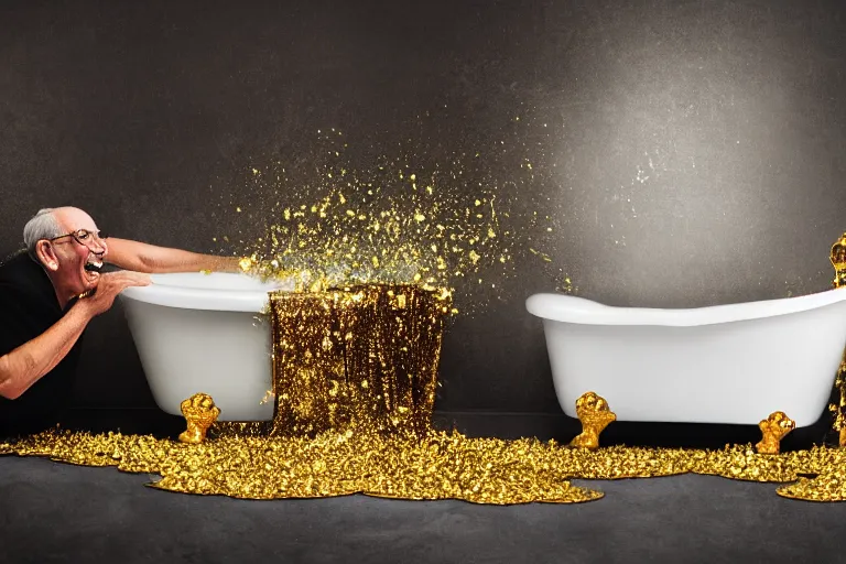 Prompt: a side view of a greedy old man laughing hysterically who is covered in gold coins and laying in a white porcelain antique clawfoot bathtub that is filled and overflowing with gold coins. very dark room, cinematic, smoke, dark, moody, smokey lighting, dimly lit, painterly style