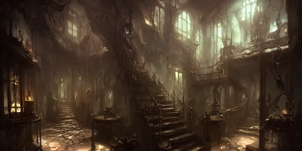 Prompt: dark sinister house interior by Bastien Lecouffe-Deharme and Charles Bowater, Greg Rutkowski, adventure game, inspired by Diablo concept art