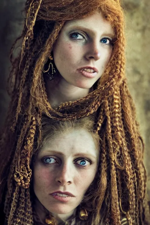 Prompt: Beautiful 19th Century Barbary Coast pirate female model with amazing Ginger hair and Golden hooped earrings photography by Steve McCurry