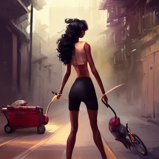 Prompt: short woman dark skin, black hair, pony tail with a old cicycle by Stanley Artgerm Lau, WLOP, Rossdraws, James Jean, Andrei Riabovitchev, Marc Simonetti, Yoshitaka Amano, ArtStation, CGSociety