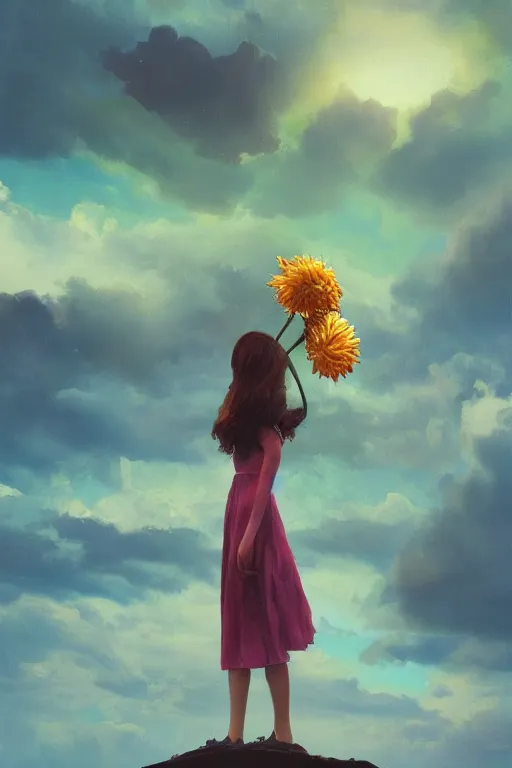 Image similar to closeup perspective, giant dahlia flower over the head, girl standing on mountain, surreal photography, blue storm clouds, dramatic light, impressionist painting, digital painting, artstation, simon stalenhag