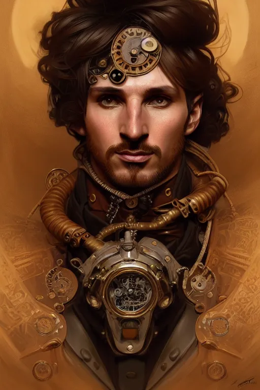 Image similar to Portrait of steampunk Lionel Messi, D&D, face, fantasy, intricate, elegant, highly detailed, digital painting, artstation, concept art, smooth, sharp focus, illustration, art by artgerm and greg rutkowski and alphonse mucha