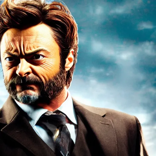 Image similar to x - men wolverine in suit played by nick offerman, logan marvel movie still, detailed 8 k, poster style, high resolution, accurate proportions