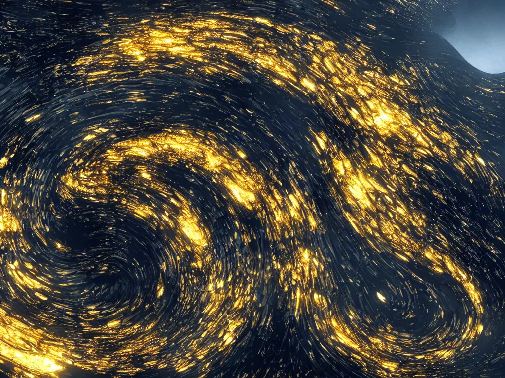Prompt: an ocean of fluid gold falls down in a swirl into a singular big massive dark black center of gravity, perspective wide angle view, impressive, intricate, futuristic, 8 k, unreal engine 5, 3 d animation, big depth of field, by ridley scott, by j. j. abrams