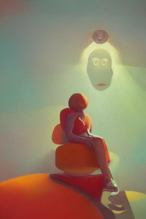 Prompt: closeup, giant flower face, woman sitting on lounge chair by a large window, sunrays, surreal photography, studio light, impressionist painting, digital painting, artstation, simon stalenhag