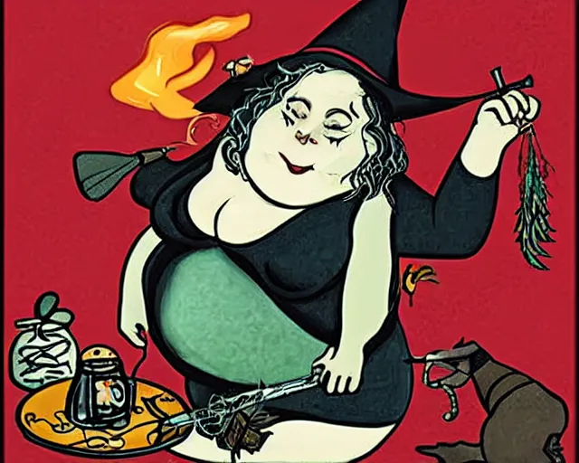 Image similar to fat witch smokin bong. the witch is smoking a bong. the witch smells really bad. the stinky witch needs a shower.