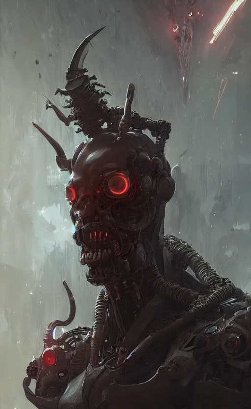 Image similar to a cyborg demon, greg rutkowski, 8 k, shallow depth of field, intricate detail, concept art,