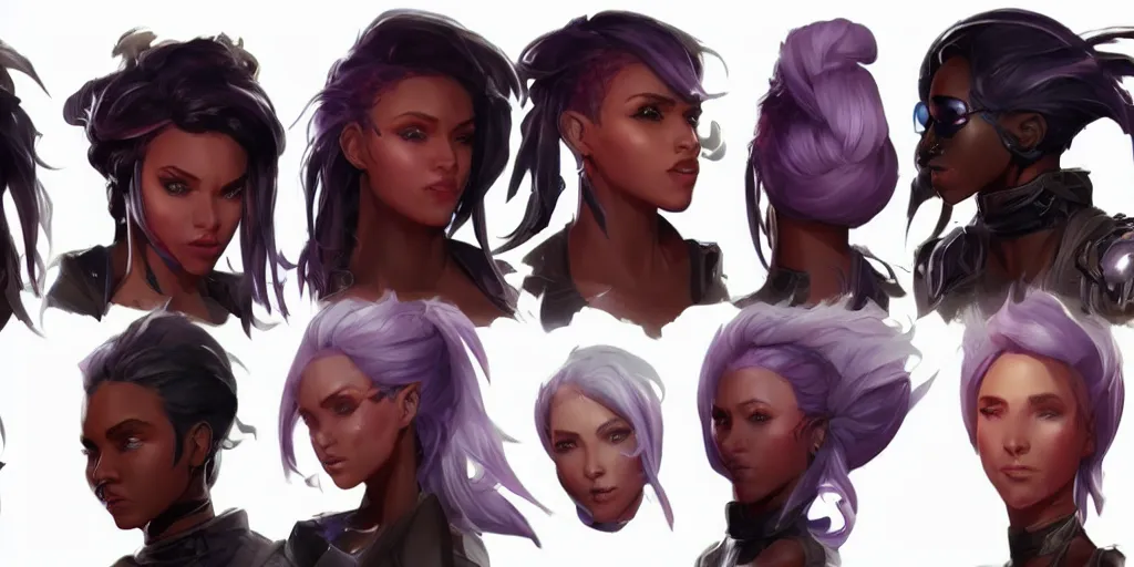 Prompt: concept art of young black female netrunner d & d video game characters head designs, unique hair designs, by marc brunet and artgerm