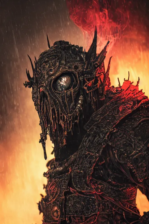 Prompt: a portrait of an ancient decayed lich king, dark fantasy setting, dynamic pose, decay, dull glowing red eyes, close - up, intricate details, intricately detailed clothing and textures, warm lighting, vivid colors, smoke and mist, hyper realistic octane render, volumetric shading, depth of field, raytracing, 8 k,