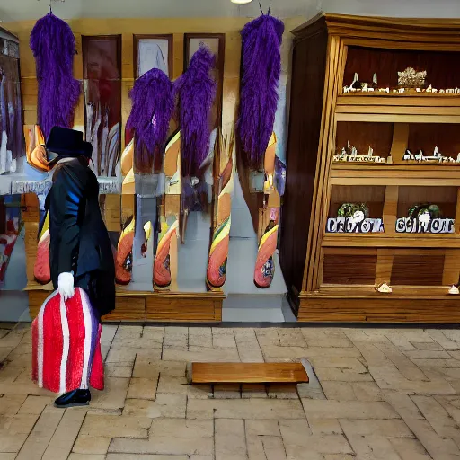 Image similar to a clown shopping for coffins at a funeral home