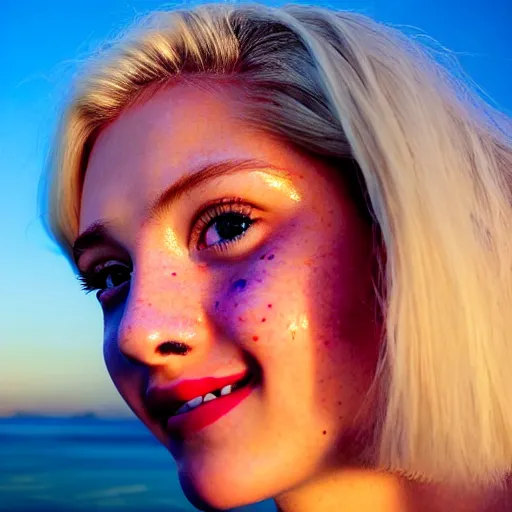 Image similar to beautiful hyperrealism hyperdetailed photograph of a cute thin young woman in love with you, smiling adoringly at the camera, platinum blonde hair, flushed face, blushing, big puffy lips, heart - shaped face, light freckles on cheeks and nose, 8 k, sharp focus, golden hour, beach setting