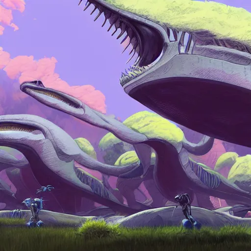 Prompt: concept art painting of an alien world full of alien dinosaurs, detailed, cel shaded, in the style of makoto shinkai and moebius and james gurney