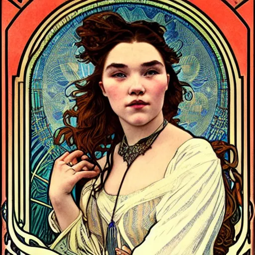 Image similar to florence pugh portrait by louis - theophile hingre and alphonse mucha, realistic, sharp focus, zodiac signs, tarot cards, planets, ethereal, art nouveau, magic, moon, sun, crown, dreamy, royal, jewellery