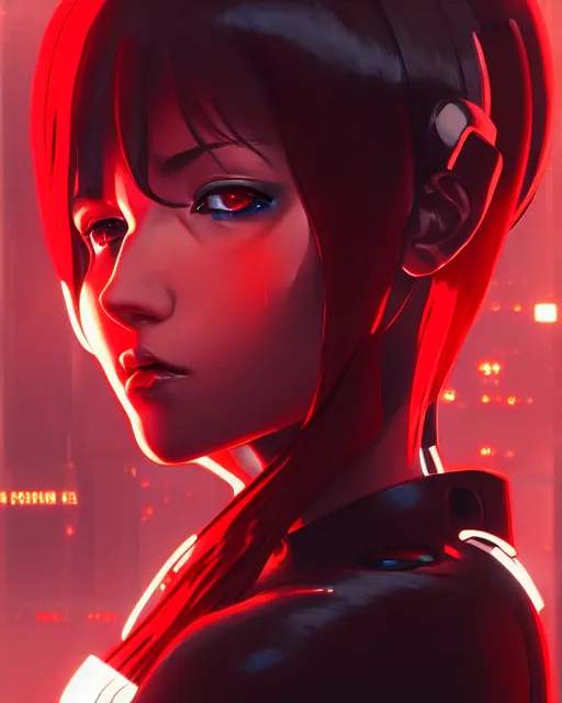 Image similar to a detailed potrait of a cyberpunk cyborg girl with black and red parts, perfect face, realistic shaded perfect face, detailed. night setting. very anime style. realistic shaded lighting poster by ilya kuvshinov katsuhiro, unreal engine, global illumination, radiant light, detailed and intricate environment