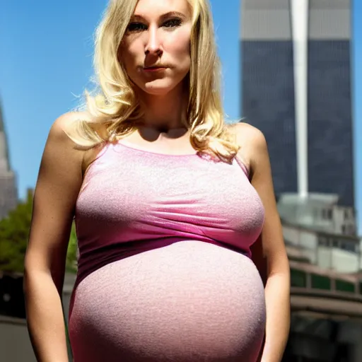 Image similar to a beautiful blonde pregnant woman, in front of 9 / 1 1 with pink smoke, 1 2 0 mm, clear details, award winning