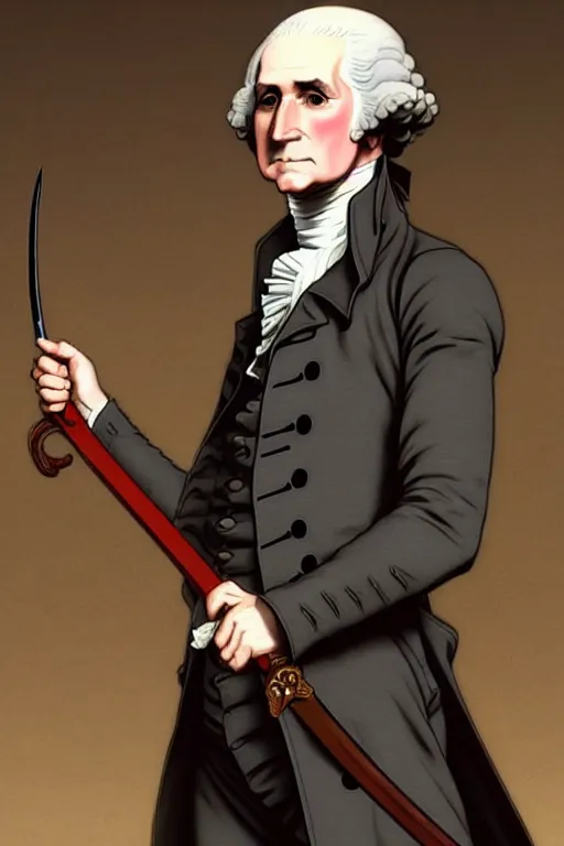 Prompt: wide view of George Washington holding a sword, handsome face, realistic shaded Perfect face, fine details. Anime. by makoto sinkai, katsuhiro otomo ghost in the shell movie scene, magali villeneuve, artgerm, rutkowski