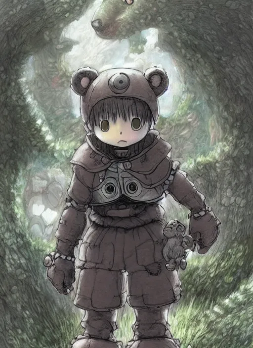 Image similar to beautiful little boy wearing an cyborg bear suit, artwork in kentaro miura and made in abyss and rosdraws, smooth, beautiful lightness, anatomically correct, trending on pixiv, forest