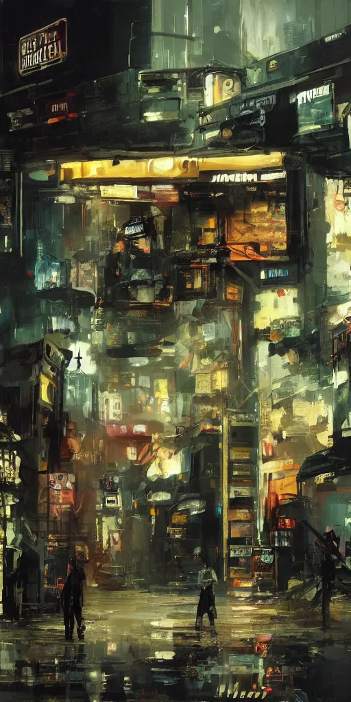 Prompt: the entrance of general store seven - eleven located in the middle of a sci - fi city, street view, sci - fi cars, painted by ashley wood and phil hale, blade runner, masterpiece, award - winning, sharp focus, intricate concept art, ambient lighting, 8 k, artstation, pixiv