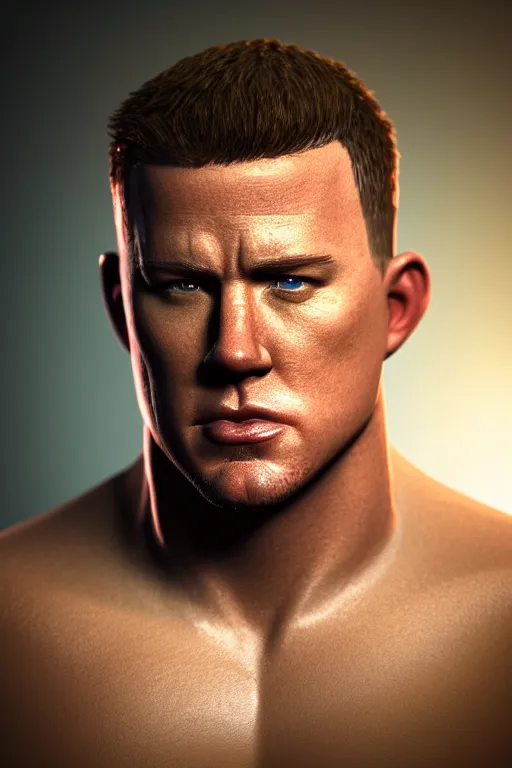 Image similar to a head shot of channing tatum as half human and a tater tot on a plate, tater tot face, ef 8 5 mm f 1. 8 usm, bionic scifi alexandre ferra, hyper detailed, digital art, trending in artstation, cinematic lighting, studio quality, smooth render, unreal engine 5 rendered, octane rendered