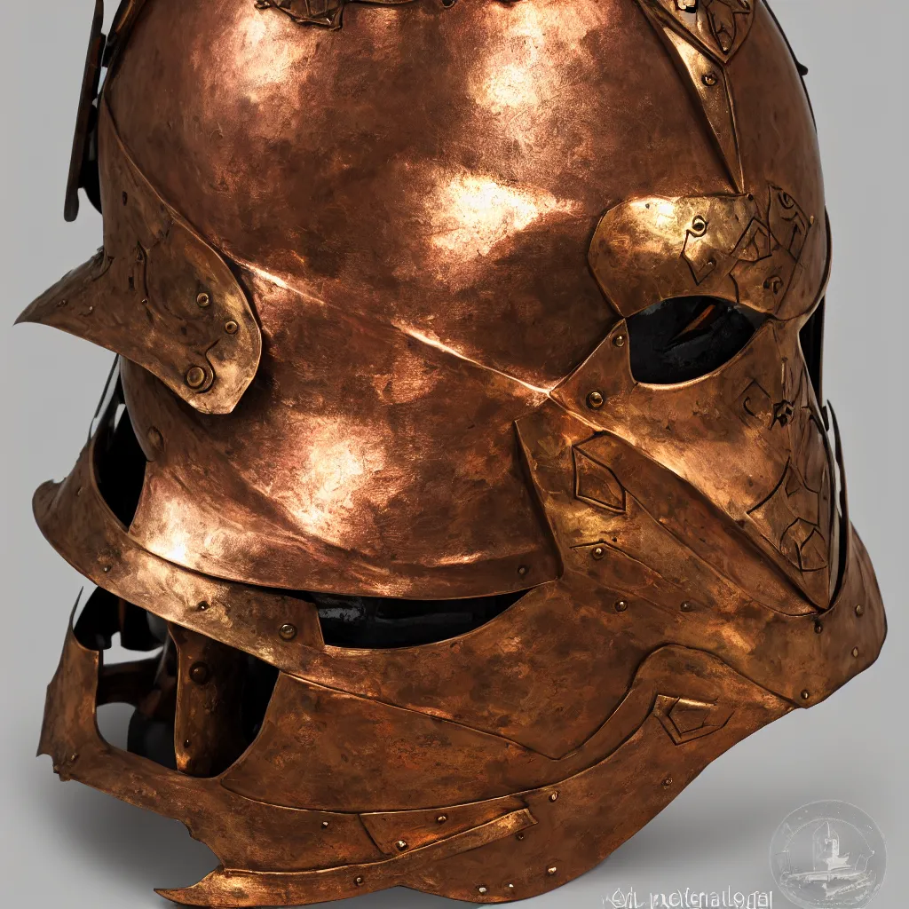 Image similar to a presentation photo of a duel knight's helmet that is made of copper and gold, beautiful ornated details