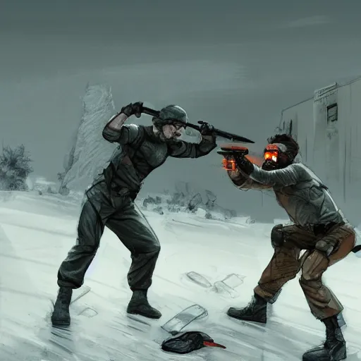 Prompt: Solid Snake and Gordon Freeman fight on an abandoned military base, winter, very detailed, hyper realism, epic, close-up fight, digital art, concept art, illustration, artstation, cgi, 4k