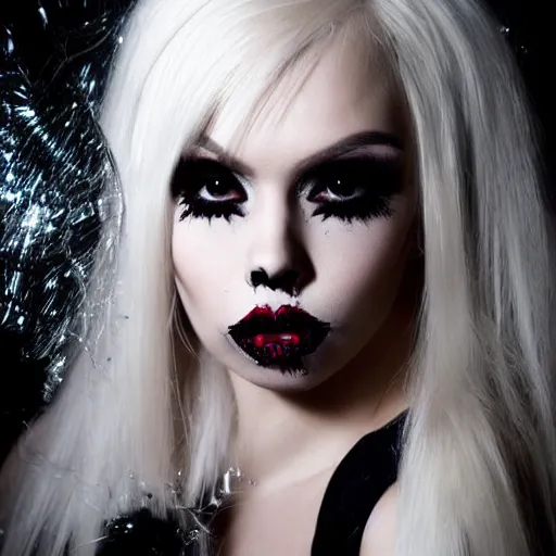 Image similar to modeling photograph kerli koiv, blonde, beautiful, dark, mysterious, bubble goth