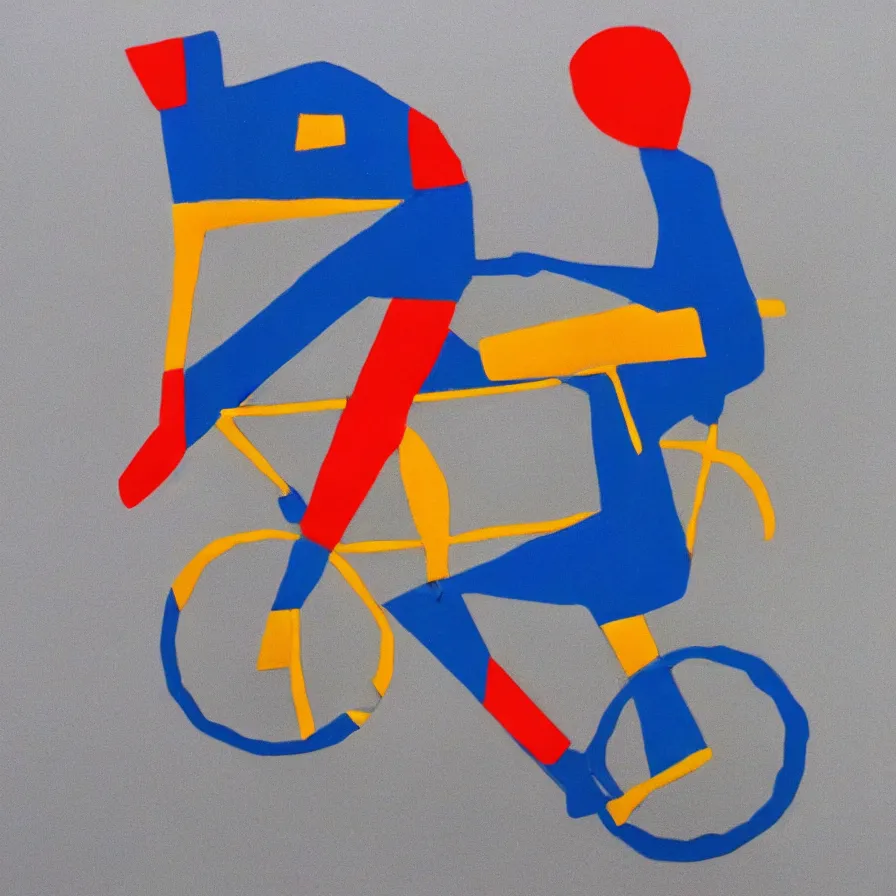 Image similar to clay sculpture of a silhouette of a fast cyclist in a minimalist collage of geometric shapes, tetrachromacy, primary colors, in the style of ikko tanaka, japanese graphic design, 1 9 9 0