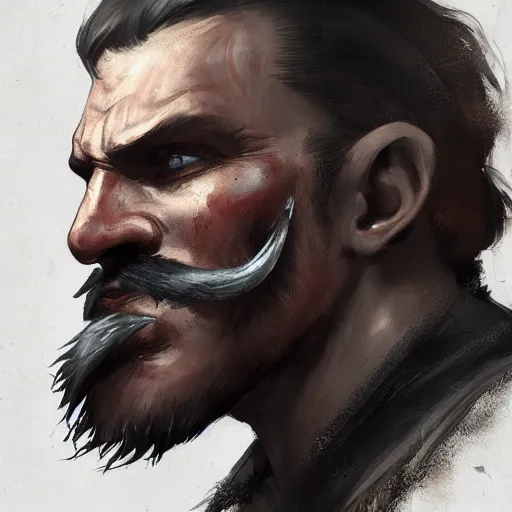 Image similar to portrait old vice barbarian warrior with trucker mustache and short hair, 8 k, trending on art station, by tooth wu and greg rutkowski