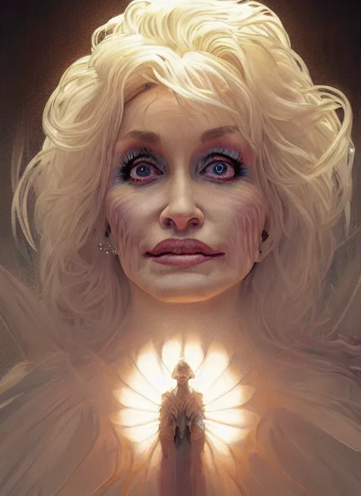 Prompt: Portrait of Dolly Parton, white glowing eyes, fantasy, extremely detailed, digital painting, artstation, concept art, smooth, sharp focus, illustration, stunning lighting, art by artgerm and greg rutkowski and alphonse mucha and simon stalenhag, realistic character concept, high fantasy, light atmosphere, golden ratio, cinematic lighting, hyperdetailed, high resolution, insanely detailed and intricate, artstation, Marc Simonetti, Greg Rutkowski, 8k